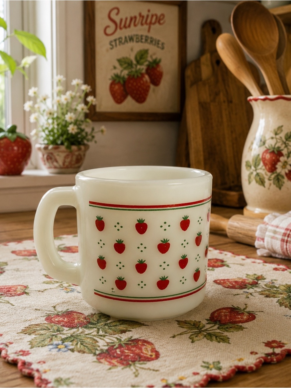 Vintage Termocrisa Strawberry Milk Glass Mug Mexico Cottagecore Retro